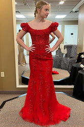Red Prom Dress Appliqued Round Neck Mermaid Formal Dress With Puff Sleeves